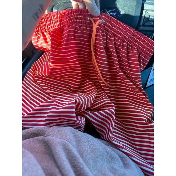 Nike Swim Trunks Mens Large Red Yellow Stripe Drawstring Board Shorts NWT - Picture 2 of 7